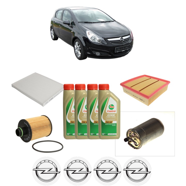 Pachet filtre revizie Bosch, 4 litrii ulei Castrol 5W40 OPEL CORSA D (S07) 1.3 CDTI (L08, L68) din 2006-2011, 4x Stickere auto cu OPEL