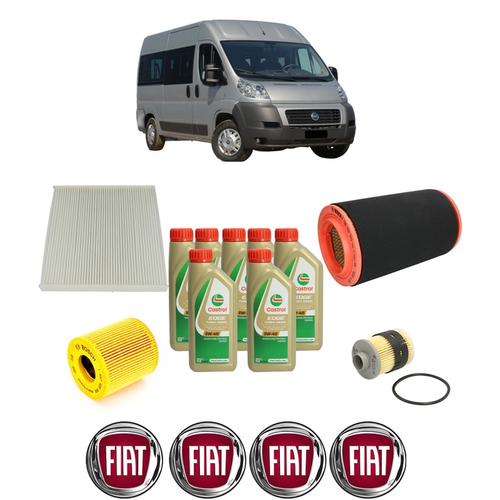 Pachet filtre revizie Bosch, 7 litrii ulei Castrol 5W40 FIAT DUCATO Bus (250_) 100 Multijet 2, 2 D din 2006-2011, 4x Stickere auto cu FIAT