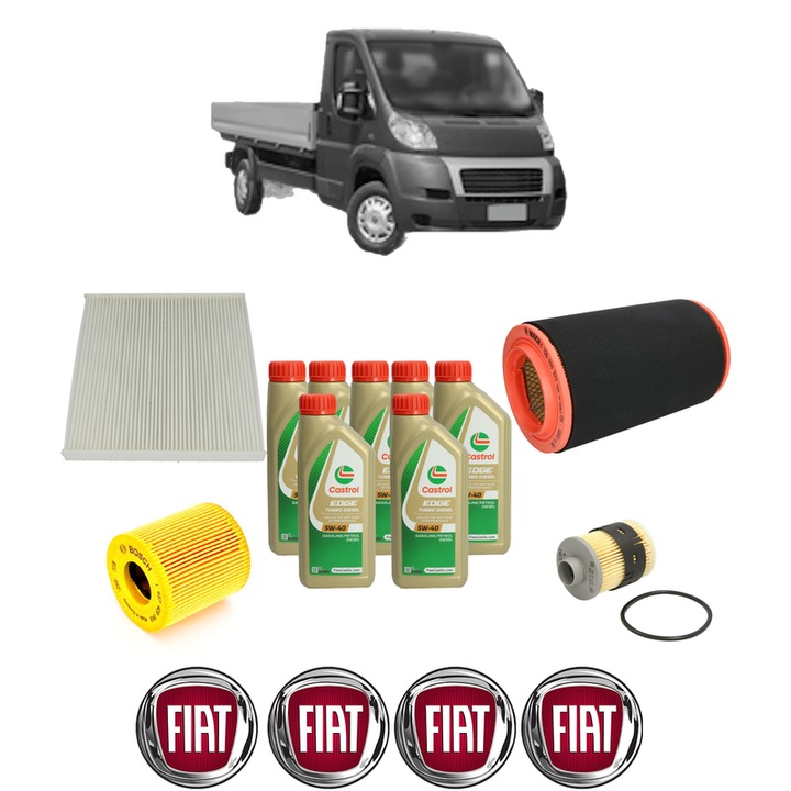 Pachet filtre revizie Bosch, 7 litrii ulei Castrol 5W40 FIAT DUCATO Platform/Chassis (250_) 100 Multijet 2, 2 D din 2006-2011, 4x Stickere auto cu FIAT