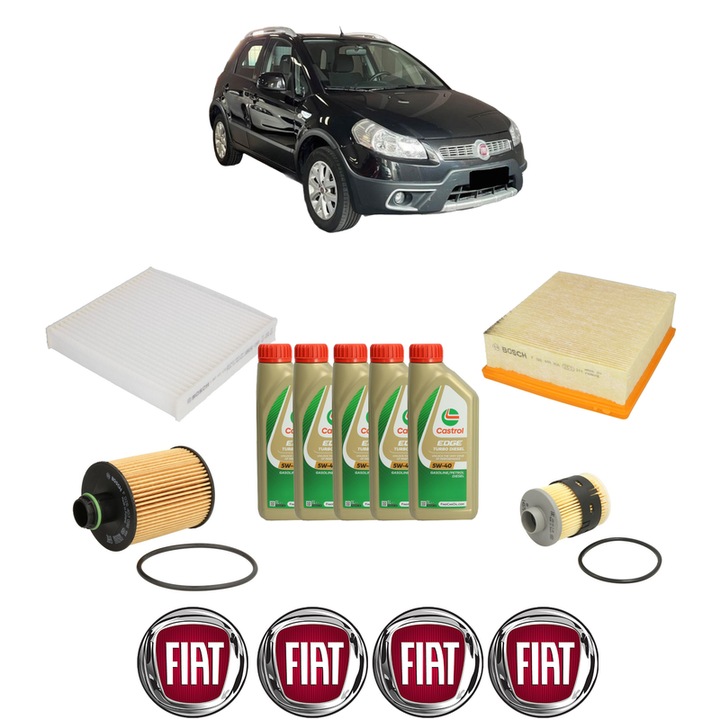 Pachet filtre revizie Bosch, 5 litrii ulei Castrol 5W40 FIAT SEDICI (189_) 1.9 D Multijet 4x4 din 2006-2011, 4x Stickere auto cu FIAT