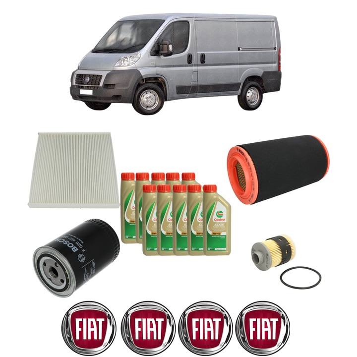 Pachet filtre revizie Bosch, 10 litrii ulei Castrol 5W40 FIAT DUCATO Van (250_) 160 Multijet 3, 0 D 4x4 din 2006-2011, 4x Stickere auto cu FIAT