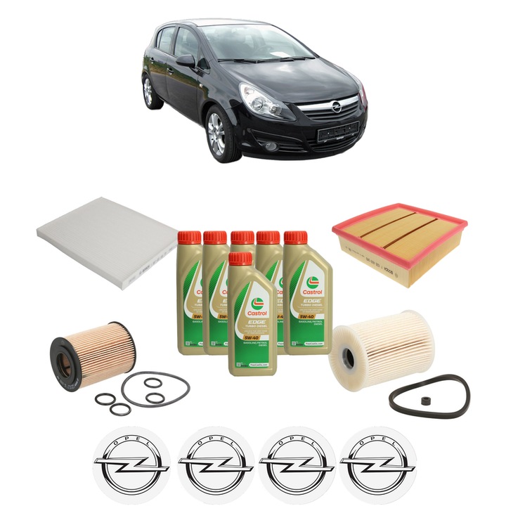 Pachet filtre revizie Bosch, 6 litrii ulei Castrol 5W40 OPEL CORSA D (S07) 1.7 CDTI (L08, L68) din 2006-2011, 4x Stickere auto cu OPEL