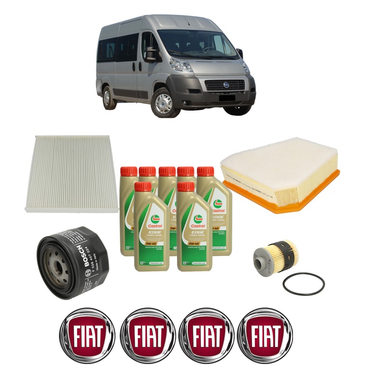 Pachet filtre revizie Bosch, 7 litrii ulei Castrol 5W40 FIAT DUCATO Bus (250_) 120 Multijet 2, 3 D din 2006-2013, 4x Stickere auto cu FIAT