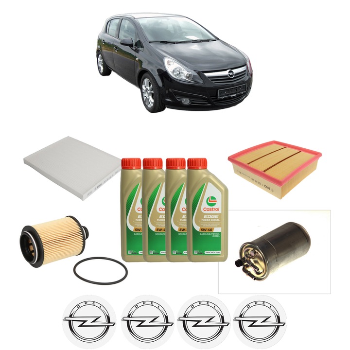 Pachet filtre revizie Bosch, 4 litri ulei Castrol 5W40 OPEL CORSA D (S07) 1.3 CDTI (L08, L68) din 2009-2014, 4x Stickere auto cu OPEL