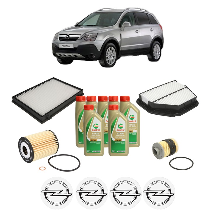 Pachet filtre revizie Bosch, 7 litrii ulei Castrol 5W40 OPEL ANTARA A (L07) 2.0 CDTI din 2007-2011, 4x Stickere auto cu OPEL