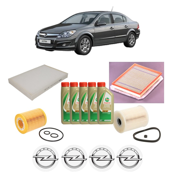 Pachet filtre revizie Bosch, 5 litrii ulei Castrol 5W40 OPEL ASTRA H Saloon (A04) 1.7 CDTi (L69) din 2007-2010, 4x Stickere auto cu OPEL