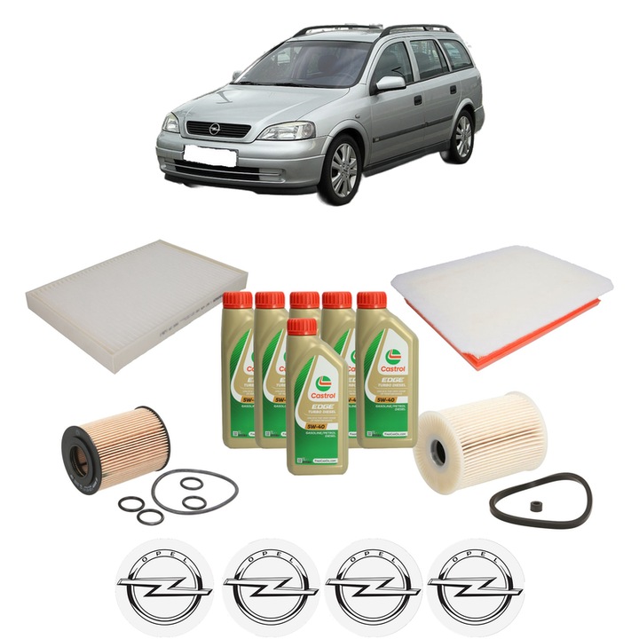 Pachet filtre revizie Bosch, 6 litrii ulei Castrol 5W40 OPEL ASTRA H Estate Van (L70) 1.7 CDTI (L70) din 2007-2014, 4x Stickere auto cu OPEL