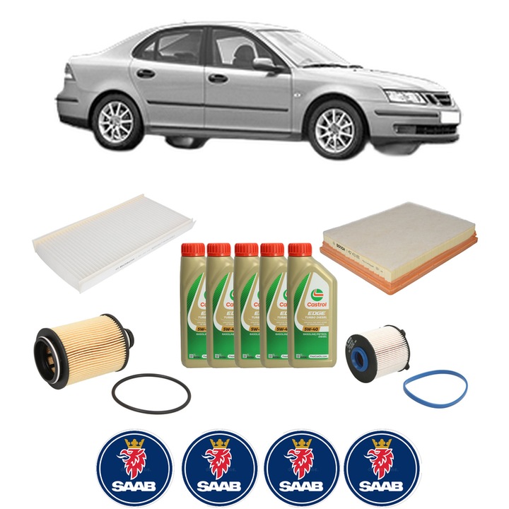 Pachet filtre revizie Bosch, 5 litrii ulei Castrol 5W40 SAAB 9-3 (YS3F, E79, D79, D75) 1.9 TTiD din 2007-2015, 4x Stickere auto cu SAAB