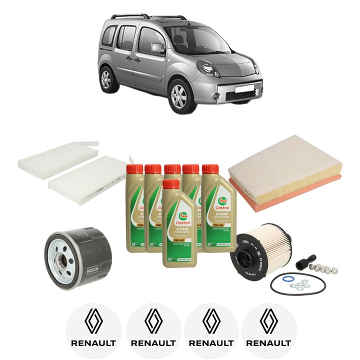 Pachet filtre revizie Bosch, 6 litrii ulei Castrol 5W40 RENAULT KANGOO / GRAND KANGOO II (KW0/1_) 1.5 dCi 90 (KW05, KW08, KW0G, KW11) din 2008, 4x Stickere auto cu RENAULT