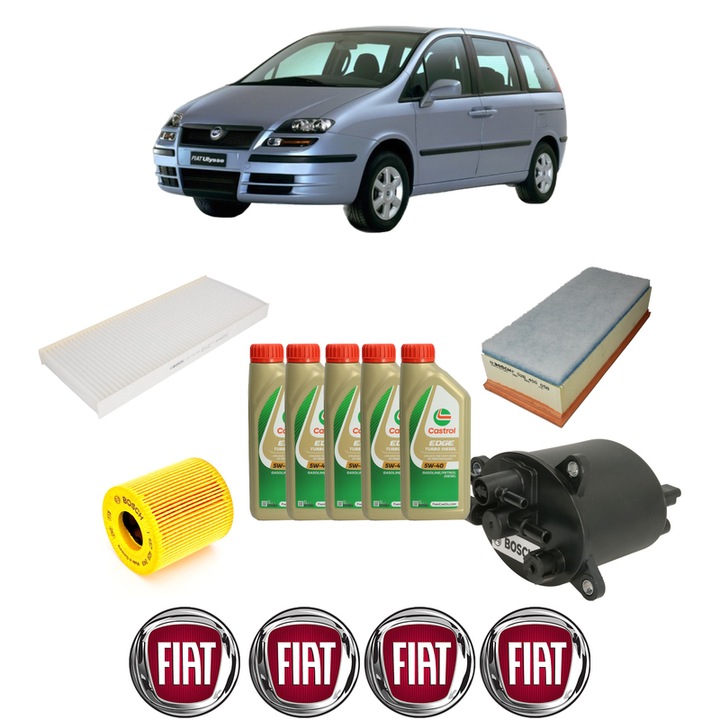 Pachet filtre revizie Bosch, 5 litrii ulei Castrol 5W40 FIAT ULYSSE (179_) 2.2 JTD din 2008-2011, 4x Stickere auto cu FIAT