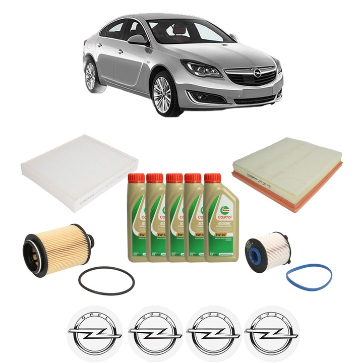 Pachet filtre revizie Bosch, 5 litrii ulei Castrol 5W40 OPEL INSIGNIA A (G09) 2.0 CDTI (68) din 2008-2017, 4x Stickere auto cu OPEL