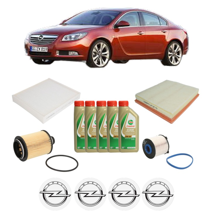 Pachet filtre revizie Bosch, 5 litrii ulei Castrol 5W40 OPEL INSIGNIA A Saloon (G09) 2.0 CDTI (69) din 2008-2017, 4x Stickere auto cu OPEL