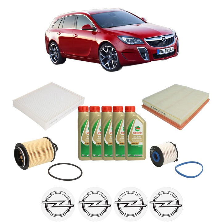 Pachet filtre revizie Bosch, 5 litrii ulei Castrol 5W40 OPEL INSIGNIA A Country Tourer (G09) 2.0 CDTi (47) din 2008-2017, 4x Stickere auto cu OPEL