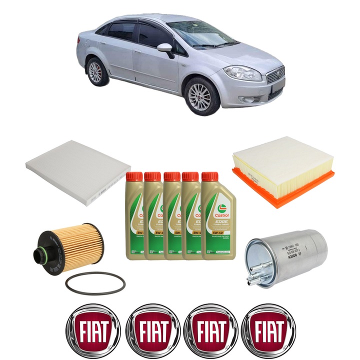 Pachet filtre revizie Bosch, 5 litrii ulei Castrol 5W40 FIAT LINEA (323_, 110_) 1.6 D Multijet din 2009, 4x Stickere auto cu FIAT