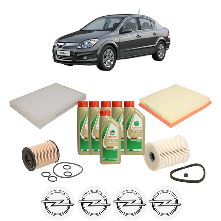 Pachet filtre revizie Bosch, 6 litrii ulei Castrol 5W40 OPEL ASTRA H CLASSIC Saloon (A04) 1.7 CDTI (L69) din 2009, 4x Stickere auto cu OPEL