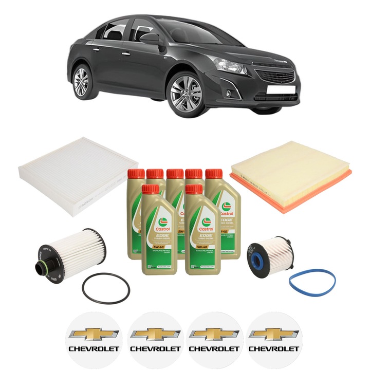 Pachet filtre revizie Bosch, 7 litrii ulei Castrol 5W40 CHEVROLET CRUZE (J300) 2.0 CDI din 2009, 4x Stickere auto cu CHEVROLET