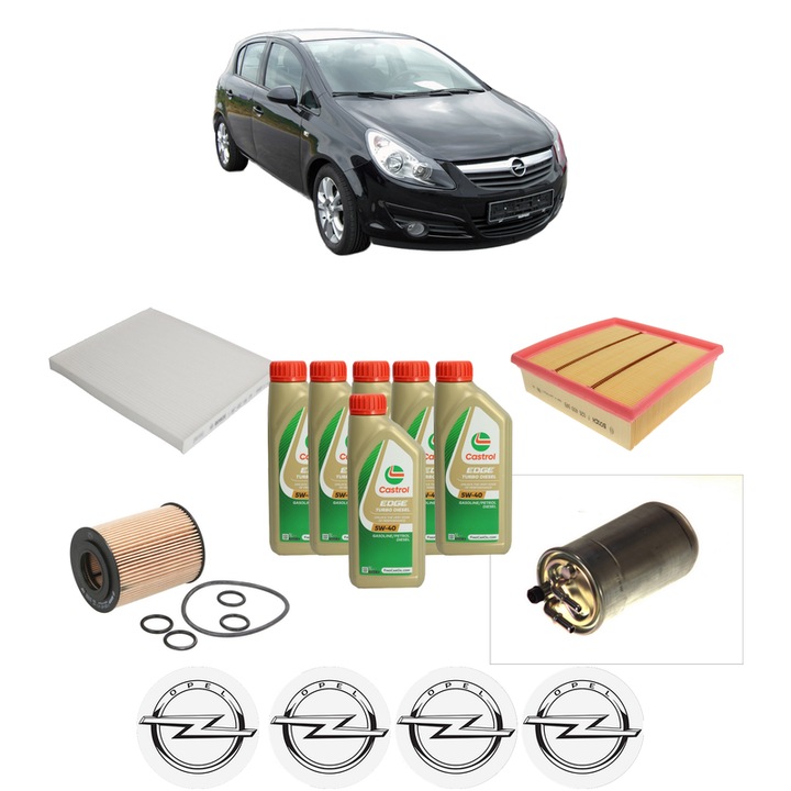 Pachet filtre revizie Bosch, 6 litrii ulei Castrol 5W40 OPEL CORSA D (S07) 1.7 CDTI (L08, L68) din 2009-2014, 4x Stickere auto cu OPEL