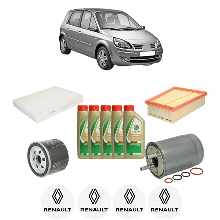 Pachet filtre revizie Bosch, 5 litrii ulei Castrol 5W40 RENAULT SCENIC III (JZ0/1_) 1.5 dCi din 2009-2016, 4x Stickere auto cu RENAULT