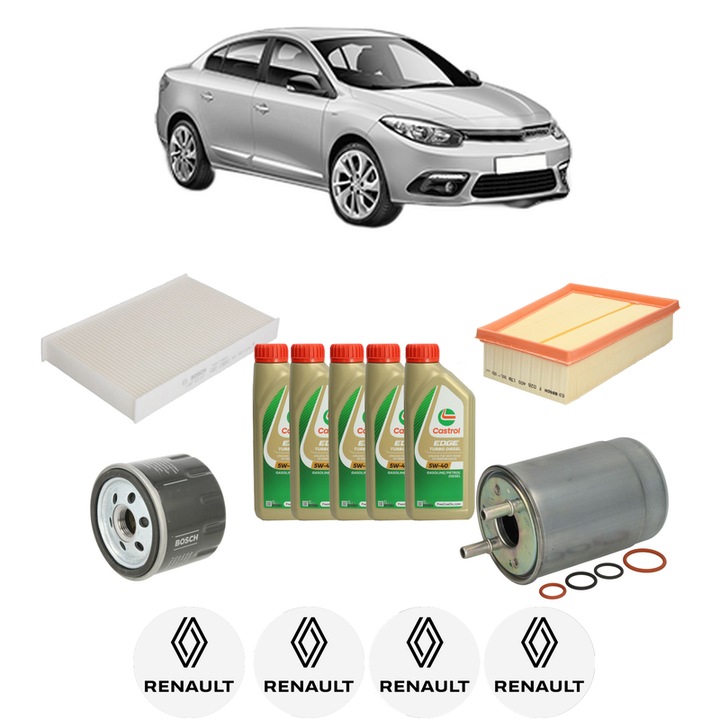 Pachet filtre revizie Bosch, 5 litri ulei Castrol 5W40 RENAULT FLUENCE (L3_) 1.5 dCi (L30B) din 2010, 4x Stickere auto cu RENAULT