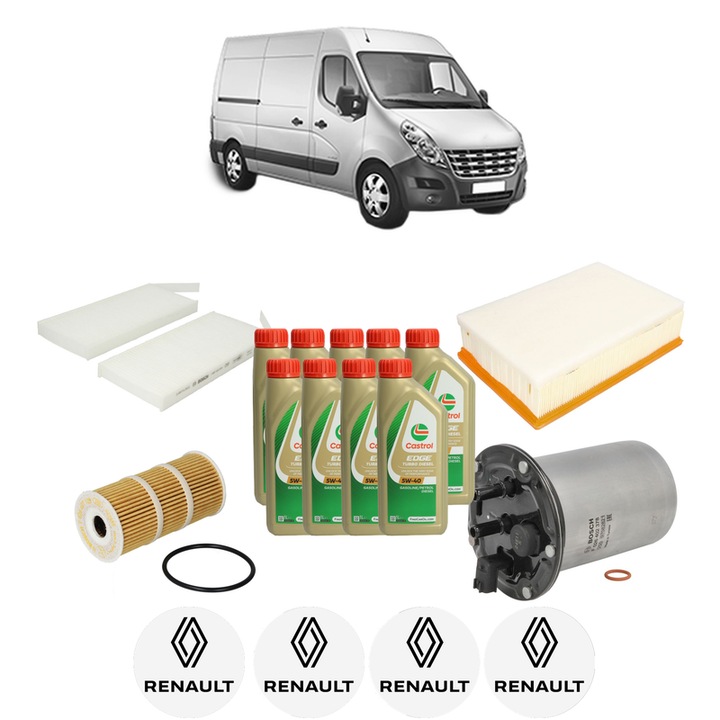 Pachet filtre revizie Bosch, 9 litrii ulei Castrol 5W40 RENAULT MASTER III Van (FV) 2.3 dCi 145 RWD (FV0E, FV0F, FV0T, FV10, FV12, FV11) din 2010, 4x Stickere auto cu RENAULT