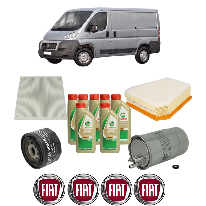 Pachet filtre revizie Bosch, 7 litrii ulei Castrol 5W40 FIAT DUCATO Van (250_) 130 Multijet 2, 3 D 4x4 din 2011, 4x Stickere auto cu FIAT