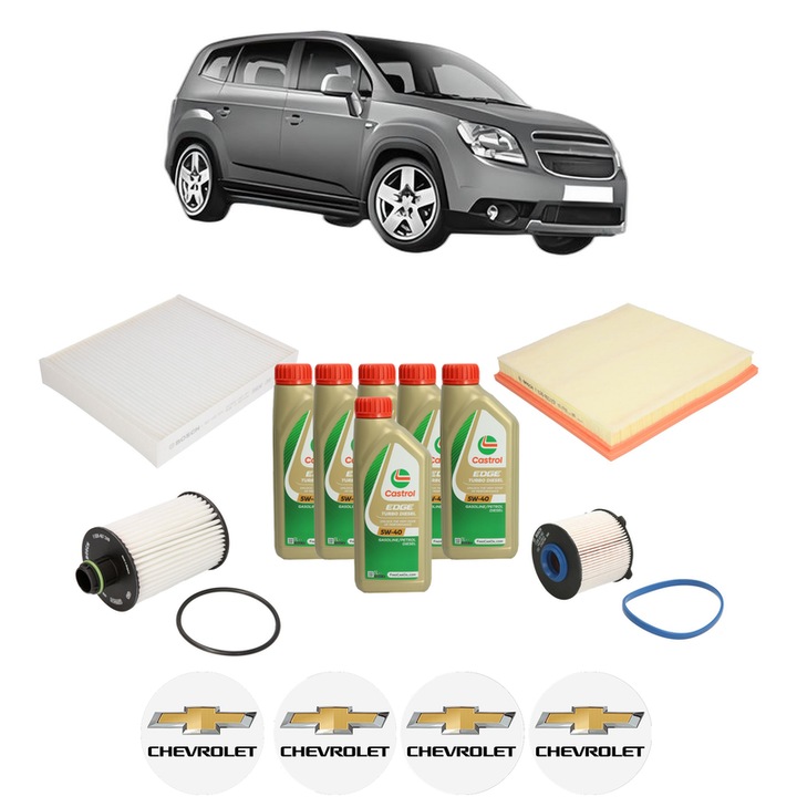 Pachet filtre revizie Bosch, 6 litrii ulei Castrol 5W40 CHEVROLET ORLANDO (J309) 2.0 D din 2011, 4x Stickere auto cu CHEVROLET