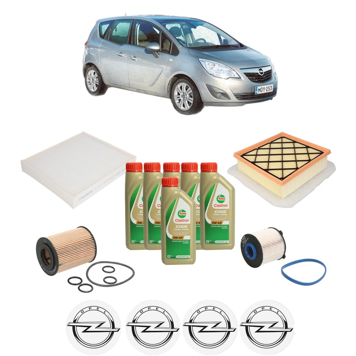 Pachet filtre revizie Bosch, 6 litrii ulei Castrol 5W40 OPEL MERIVA B MPV (S10) 1.7 CDTI (75) din 2010-2015, 4x Stickere auto cu OPEL