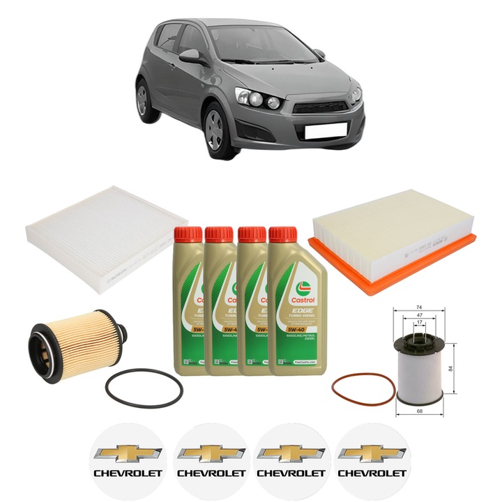 Pachet filtre revizie Bosch, 4 litrii ulei Castrol 5W40 CHEVROLET AVEO Hatchback (T300) 1.3 D din 2011-2015, 4x Stickere auto cu CHEVROLET