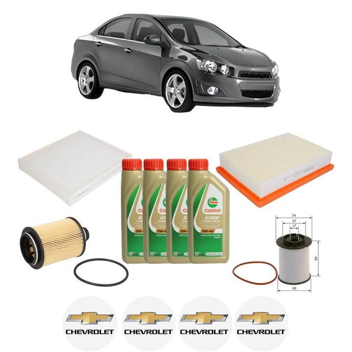 Pachet filtre revizie Bosch, 4 litrii ulei Castrol 5W40 CHEVROLET AVEO Saloon (T300) 1.3 D din 2011-2015, 4x Stickere auto cu CHEVROLET