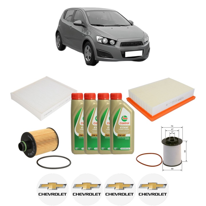 Pachet filtre revizie Bosch, 4 litrii ulei Castrol 5W40 CHEVROLET AVEO Hatchback (T300) 1.3 D din 2011-2015, 4x Stickere auto cu CHEVROLET