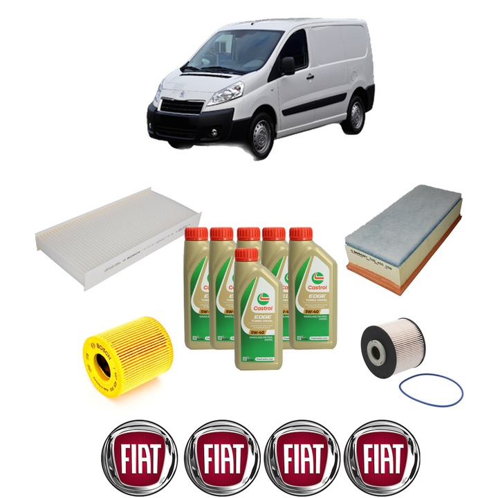 Pachet filtre revizie Bosch, 6 litrii ulei Castrol 5W40 FIAT SCUDO Van (270_, 272_) 2.0 D Multijet din 2011-2016, 4x Stickere auto cu FIAT