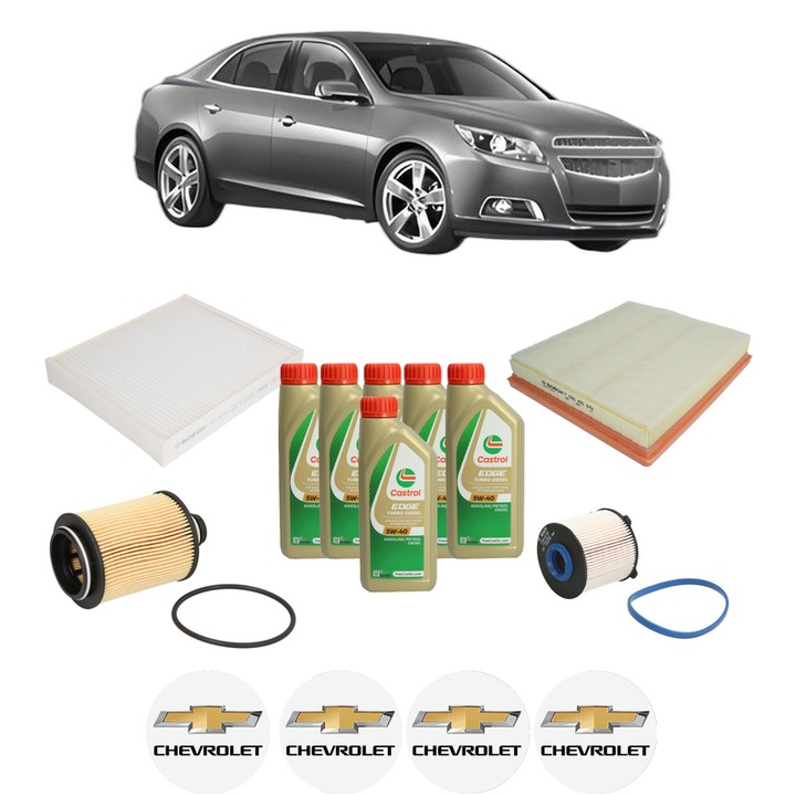 Pachet filtre revizie Bosch, 6 litrii ulei Castrol 5W40 CHEVROLET MALIBU (V300) 2.0 D din 2012, 4x Stickere auto cu CHEVROLET