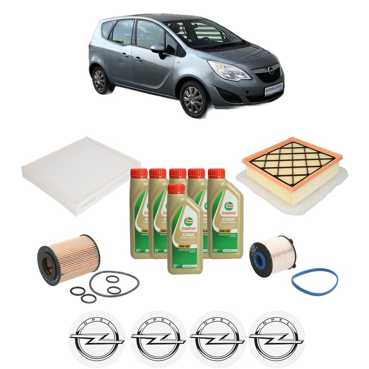 Pachet filtre revizie Bosch, 6 litrii ulei Castrol 5W40 OPEL MERIVA B VAN (S10) 1.7 CDTi (75) din 2013-2017, 4x Stickere auto cu OPEL
