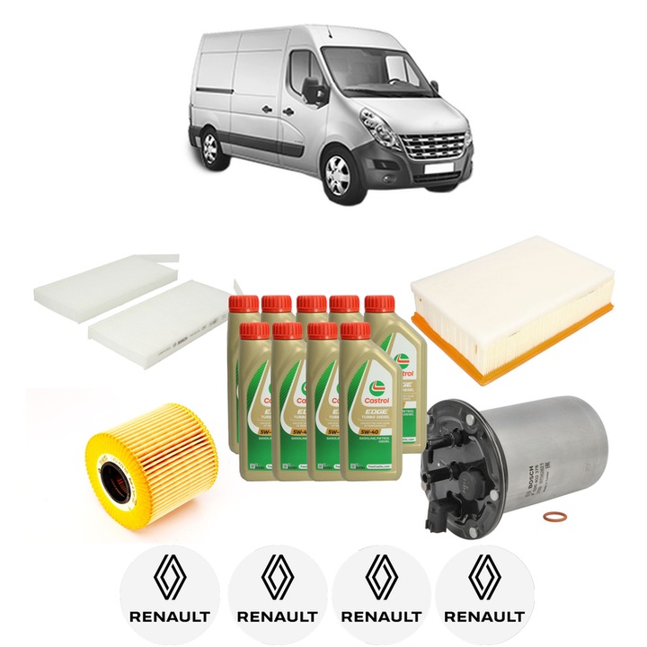 Pachet filtre revizie Bosch, 9 litrii ulei Castrol 5W40 RENAULT MASTER III Van (FV) 2.3 dCi 130 RWD (FV01, FV10, FV11, FV12) din 2016, 4x Stickere auto cu RENAULT