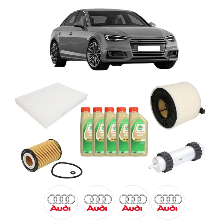 Pachet filtre revizie Bosch, 5 litrii ulei Castrol 5W30 AUDI A4 B9 (8W2, 8WC) 40 TDI quattro din 2015-2019, 4x Stickere auto cu AUDI