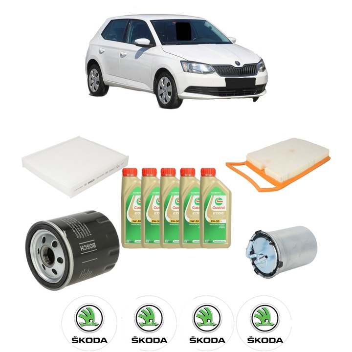 Pachet filtre revizie Bosch, 5 litri ulei Castrol 5W30 SKODA FABIA III Praktik (NJ5) 1.4 TDI din 2015-2022, 4x Stickere auto cu SKODA