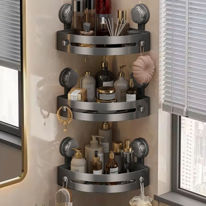 Ъглови рафтове за баня и душ, Unloshe, 3 броя, лесен монтаж с вендузи, без пробиване, Органайзер за баня и кухня с лесен монтаж, Модерен дизайн, 21.5x29.5x5.5см, Черен