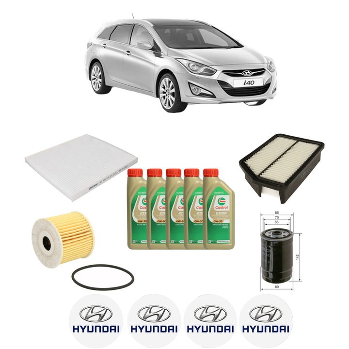 Pachet filtre revizie Bosch, 5 litrii ulei Castrol 0W30 HYUNDAI i40 I CW (VF) 1.6 CRDi din 2018-2019, 4x Stickere auto cu HYUNDAI