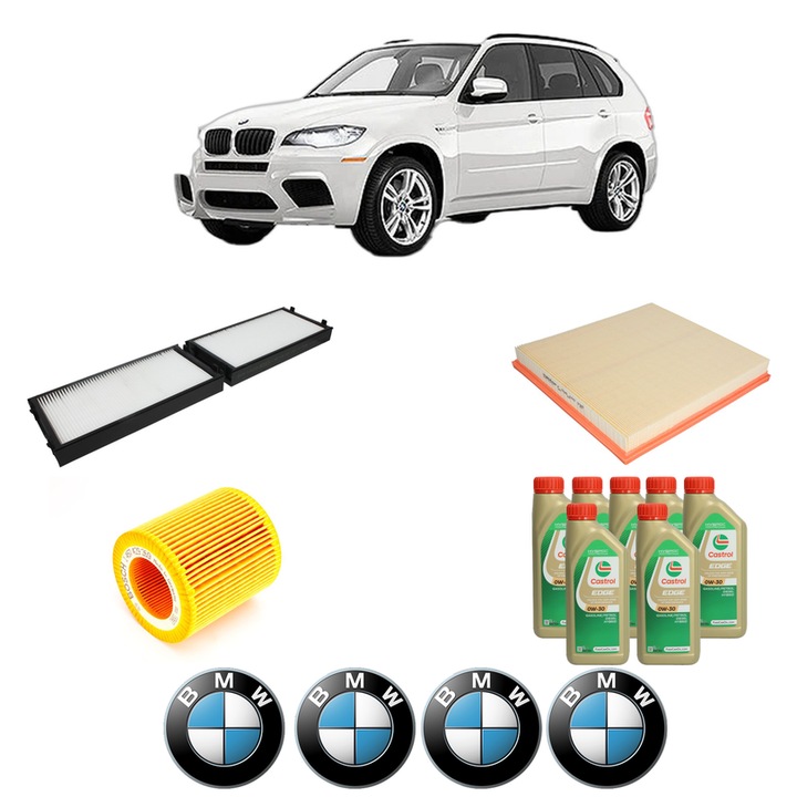 Pachet filtre revizie Bosch, 7 litrii ulei Castrol 0W30 BMW Seria X5 (E70) xDrive 40 i din 2012-2013, 4x Stickere auto cu BMW