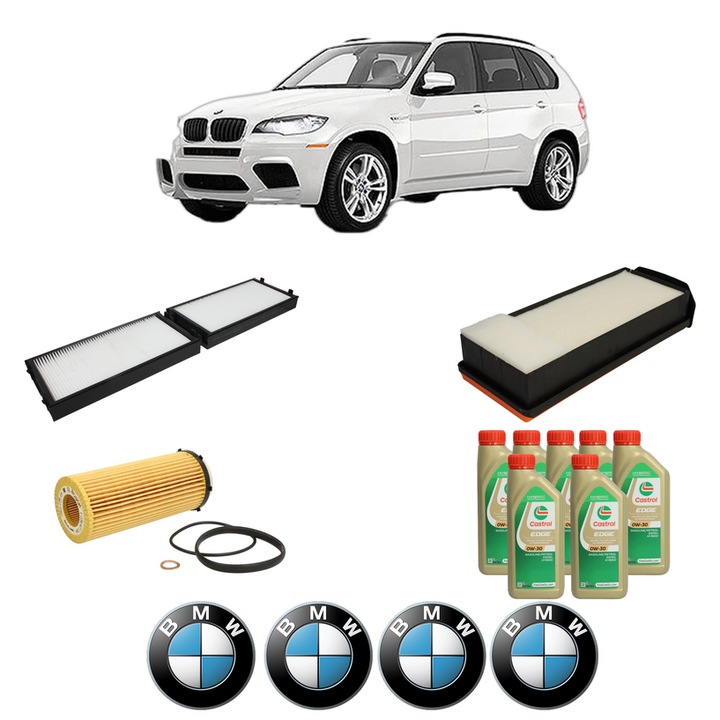 Pachet filtre revizie Bosch, 7 litrii ulei Castrol 0W30 BMW Seria X5 (E70) xDrive 40 d din 2010-2013, 4x Stickere auto cu BMW