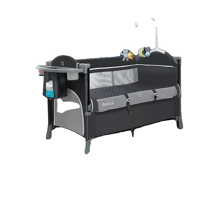 Többfunkciós babakocsizár, szürke, méretek 126x70x76cm, összecsukható kialakítás, tárolózsák és ágycsengő mellékelve