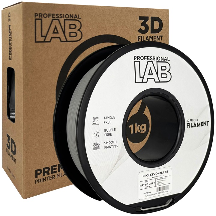 Rola filament, PLA Mat Gri, 1kg, Professional Lab PLA MATTE GRAY, diametru 1.75mm, compatibil cu majoritatea imprimantelor 3D FDM