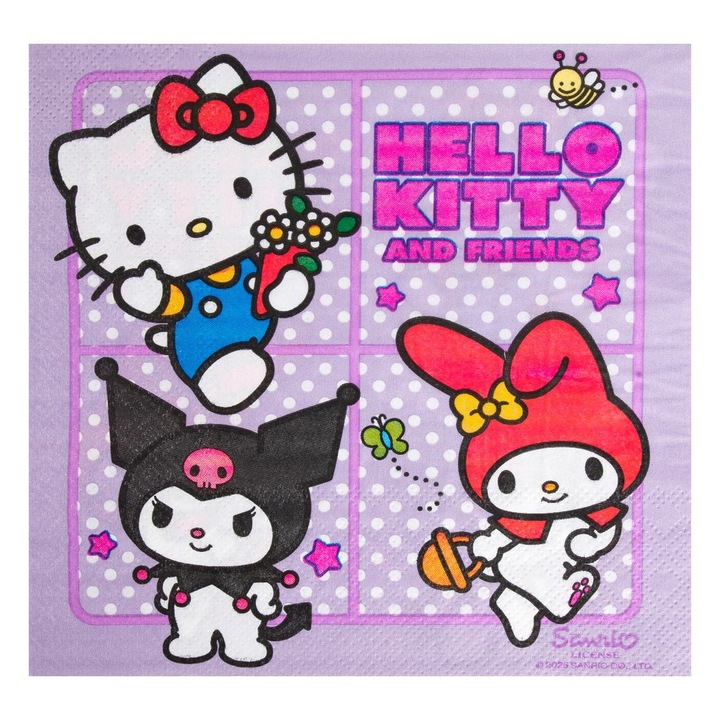 Set 12 Bucati Servetele De Masa Petrecere 2 Straturi Lila Cu Buline Hello Kitty & Kuromi 33x33cm