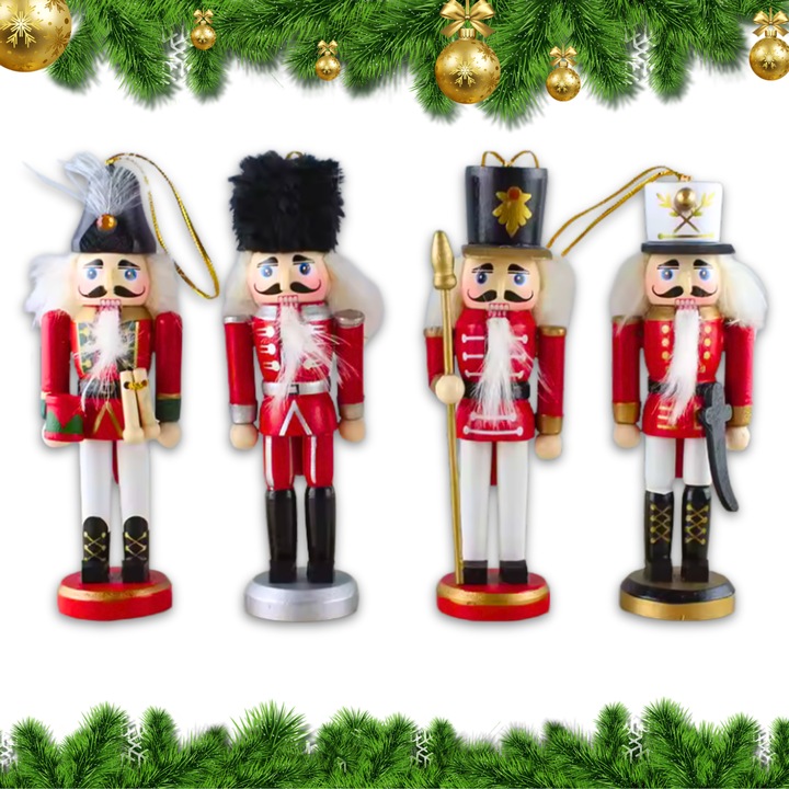 Figurina spargator de nuci, 13 cm, Lemn, Set 4 figurine, Decoratiune Craciun, lemn vopsit, stil vintage