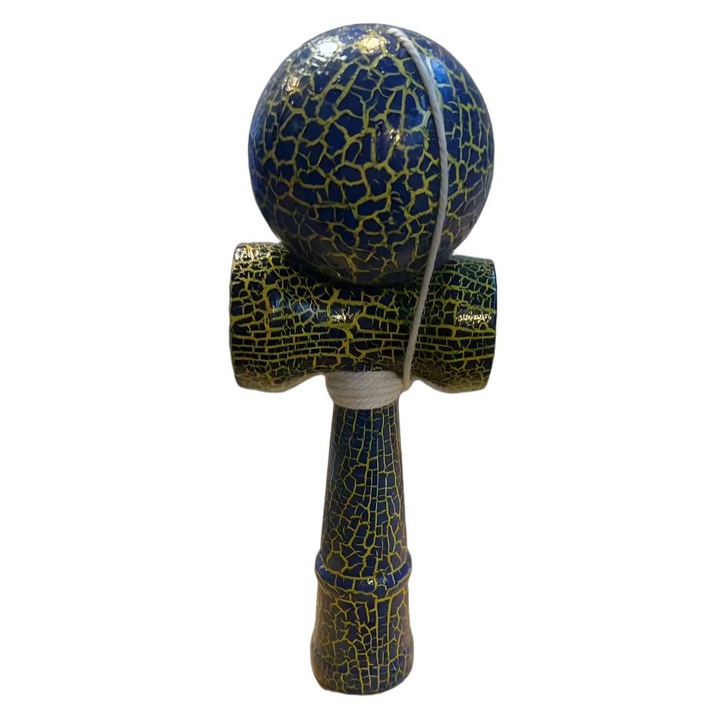 Kendama japoneza profesionala @Amto - 18cm, din lemn, cu design crapat, Albastru-Galben