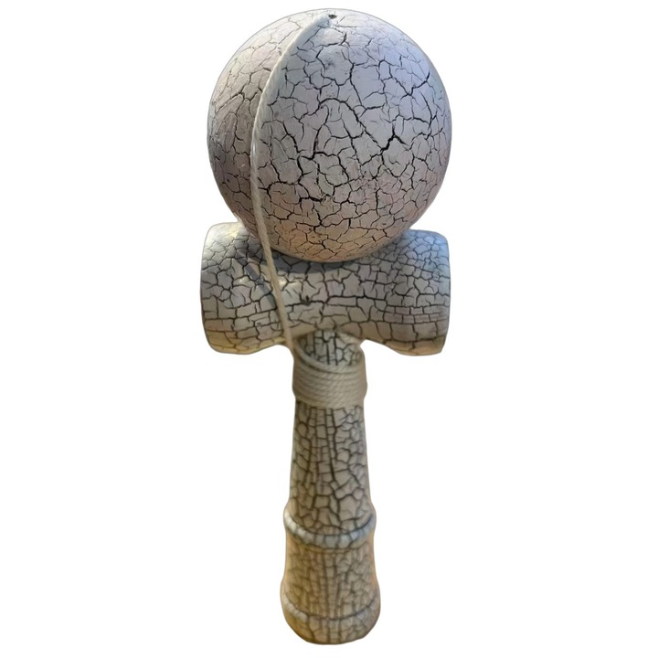 Kendama japoneza profesionala @Amto - 18cm, din lemn, cu design crapat, Alb-Negru