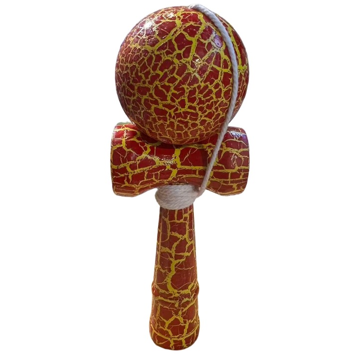 Kendama japoneza profesionala @Amto - 18cm, din lemn, cu design crapat, Rosu-Galben