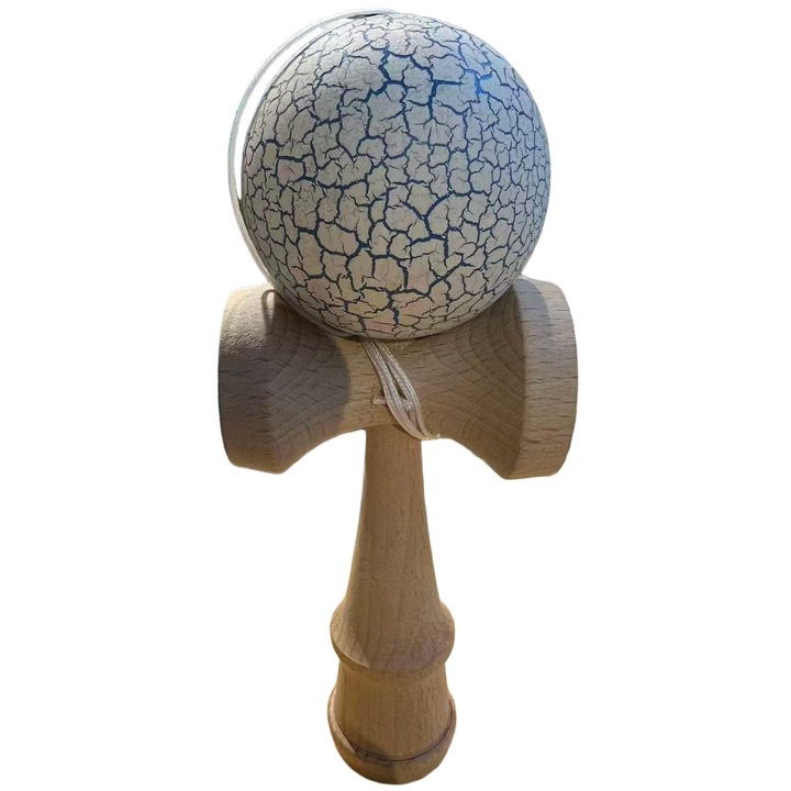 Kendama japoneza profesionala @Amto - 18cm, din lemn, cu design cu bila crapata, Alb-Albastru