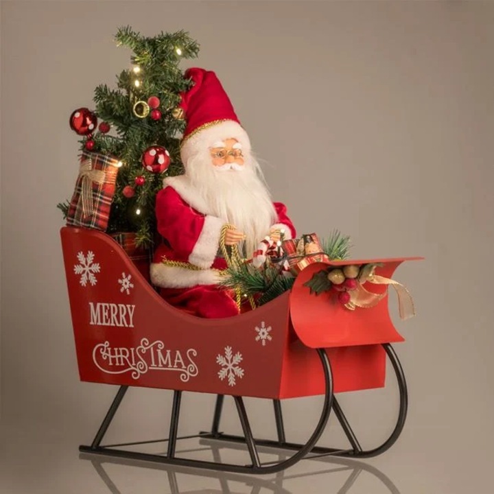 Decoratiune De Craciun Sanie cu Mos Craciun, Muzica si LED, Dimensiuni 52 x 28 x 60 cm