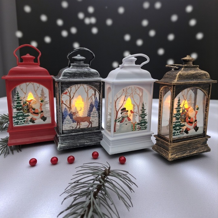 Set 4 Felinare de Craciun 13 cm cu Lumina LED calda sclipitoare, Culori Diferite, 2025, VisionXXI